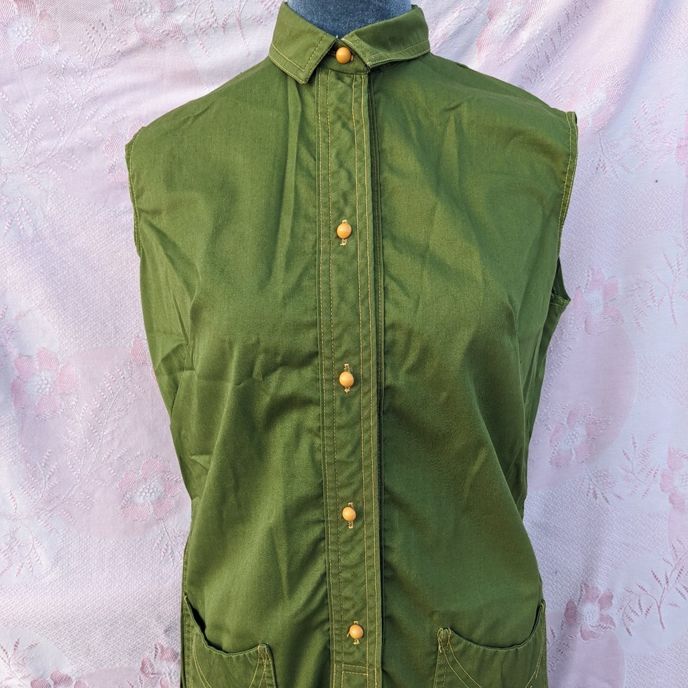 Vintage 60s 70s Mod Mini Dress M Olive Green Button Front Shift Twiggy Utility - Picture 2 of 14